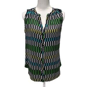 Worthington Shirt Women's Black Multicolor Geometric SHEER Sleeveless Medium